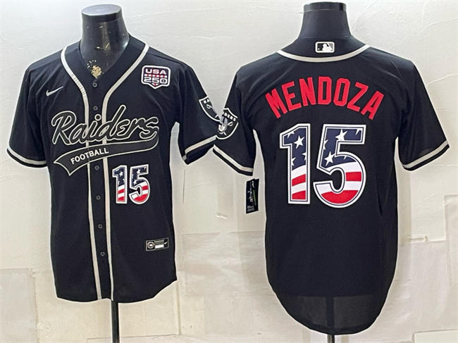 Men's Las Vegas Raiders #15 Fernando Mendoza Black USA 250 Fourth of July Vapor Limited Stitched Baseball Jersey